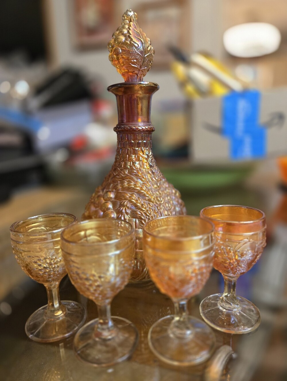 Imperial Grape Marigold Carnival Glass Decanter Set with 4 Goblets